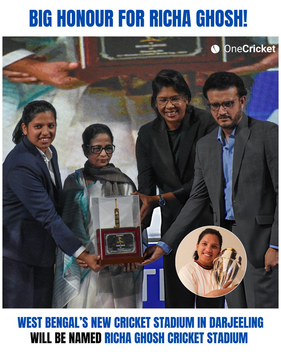 Pride of Bengal! 💙

Darjeeling’s new cricket stadium to be named after Richa Ghosh, confirms West Bengal CM. [India Today]

#RichaGhosh #TeamIndia #SouravGanguly #JhulanGoswami