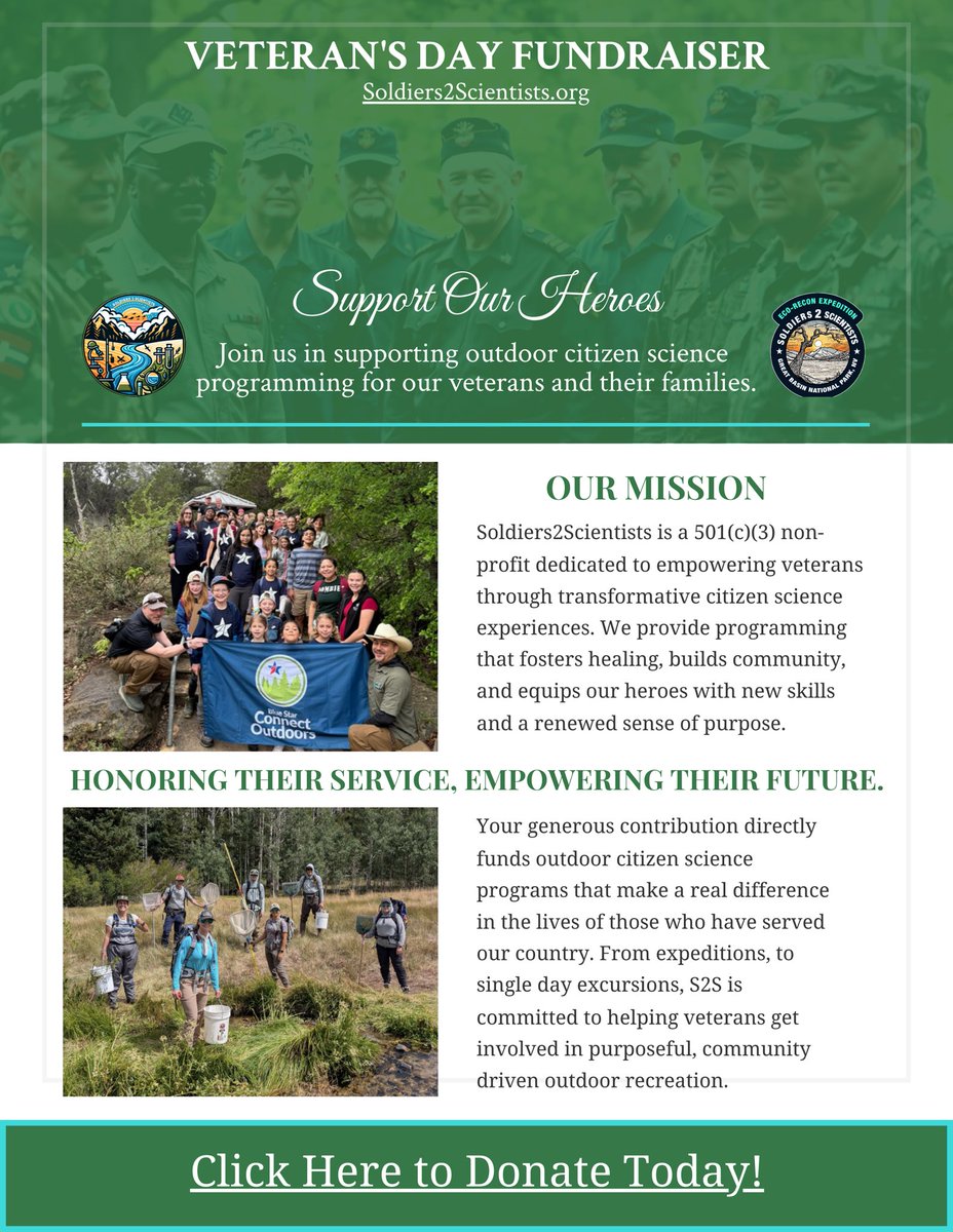 Today, we honor all who have served—those who stood watch, answered the call, and continue to make a difference in their communities and in our nation’s natural landscapes.

👉 Donate today at soldiers2scientists.org/donate or venmo.com/u/S2SDonation to help keep this mission growing!