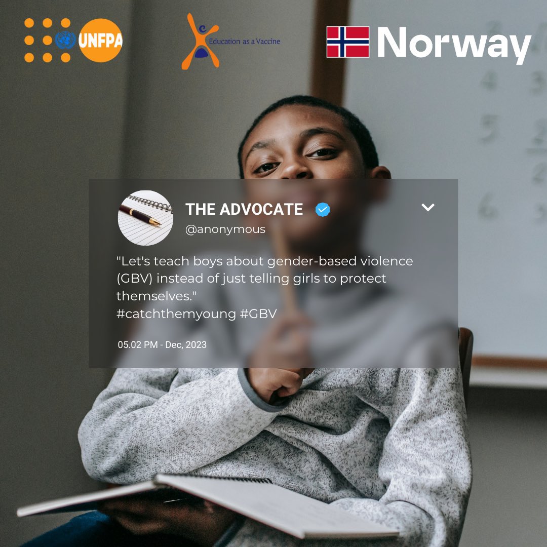 Boys should receive GBV education not just the girls

#endgbv #SRH4U

<a href="/UNFPANigeria/">UNFPA Nigeria</a> <a href="/NorAmbNigeria/">Svein Baera</a> <a href="/EVA_Nigeria/">Education as a Vaccine Nigeria</a>