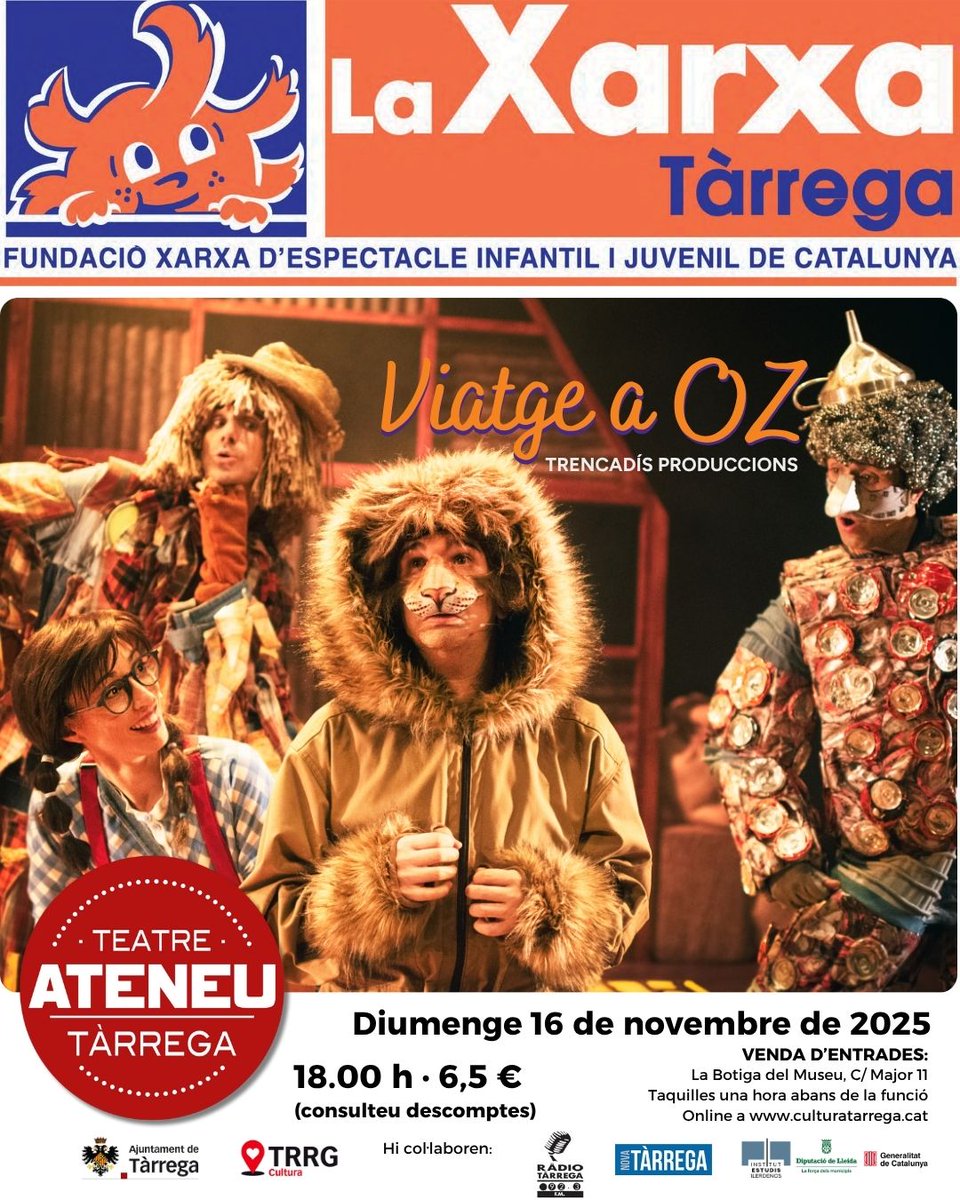 🎶 Cap de setmana d'espectacles musicals al Teatre Ateneu de #Tàrrega

🗓️ Diumenge 16 de novembre (18h), dins la programació familiar de La Xarxa i <a href="/culturatarrega/">Cultura Tàrrega</a>, us proposem un ‘Viatge a Oz’

😍 Muntatge de Trencadís Produccions des del País Valencià

👉culturatarrega.cat