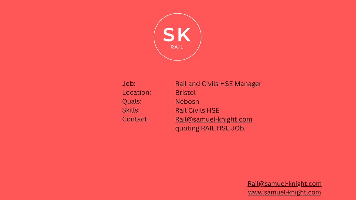 RDJExecSearch's tweet photo. We have been asked to find a rail and civils hse manager for a central Bristol project. 
Rail@samuel-knight.com https://t.co/H2WgZd7jWE