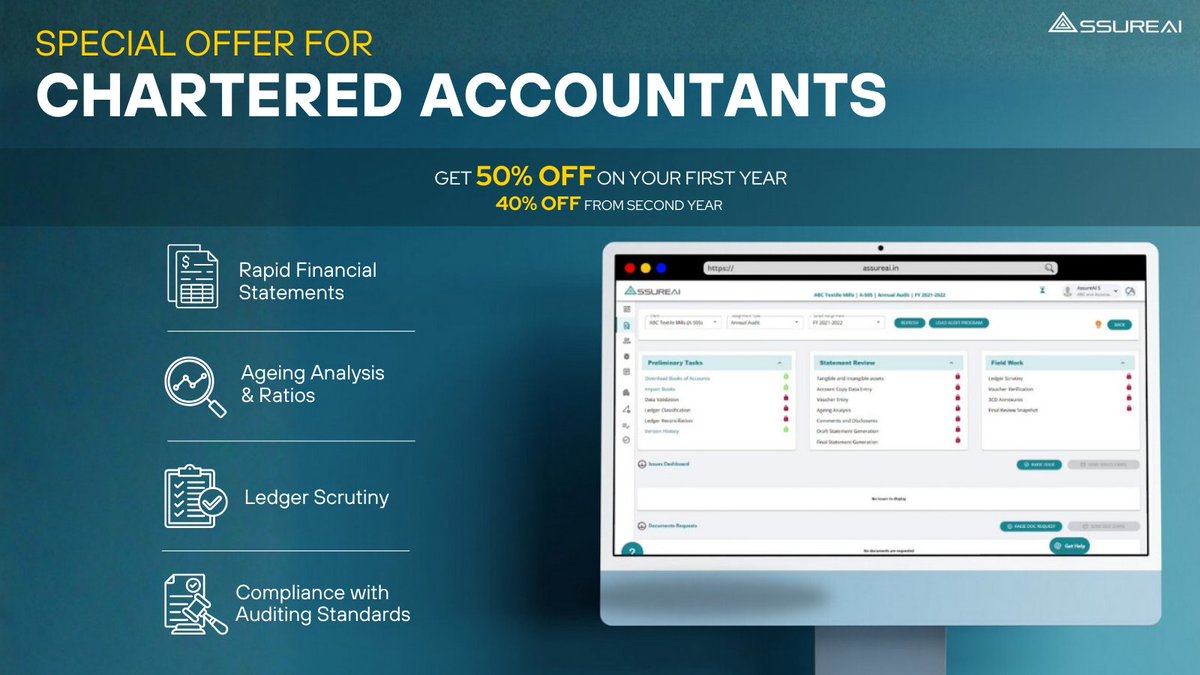 Assure_AI's tweet image. Manual processes, data silos, and endless follow-ups can slow you down — but it doesn’t have to be that way.

AssureAI is designed specifically for CA firms to bring speed, clarity, and collaboration into every audit engagement.

Book a FREE demo today: assureai.in