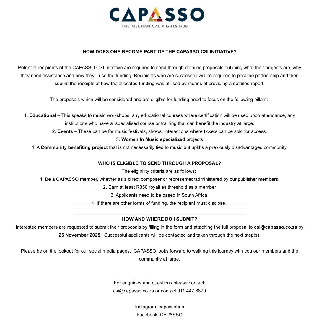 CapassoHub's tweet photo. 📢 CAPASSO launches its first-ever CSI initiative to empower SA’s creative sector!
📩 Proposals by 25 Nov 2025: csi@capasso.co.za
#CAPASSOCSI #EmpoweringCreatives #MusicIndustryGrowth #CAPASS https://t.co/QeFyq76aj0