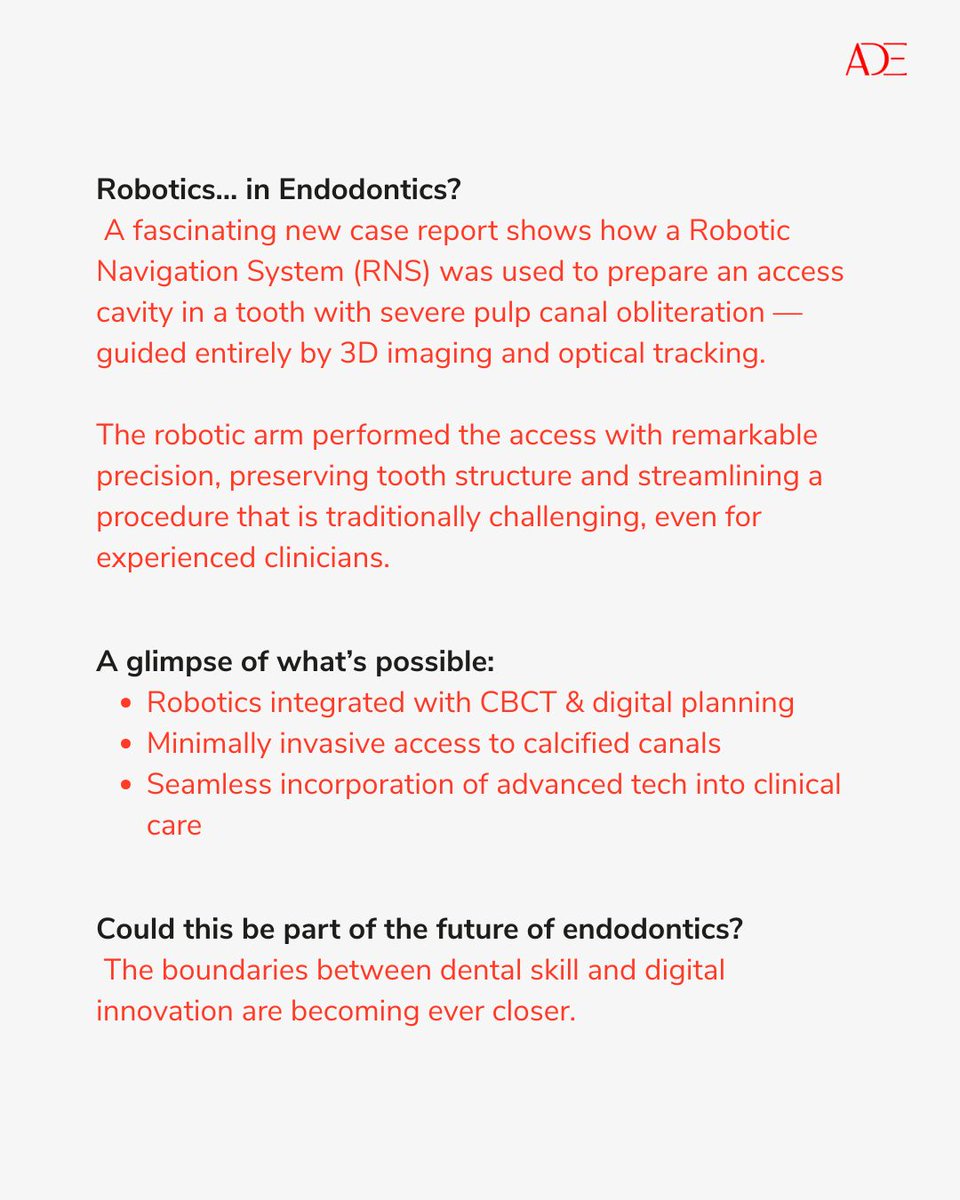 ADE_Dental's tweet photo. Robotic navigation system for management of pulp canal

#ade #academyofdentalexcellence #Robotics #DentalCare #dental https://t.co/Wvz9Uir41K