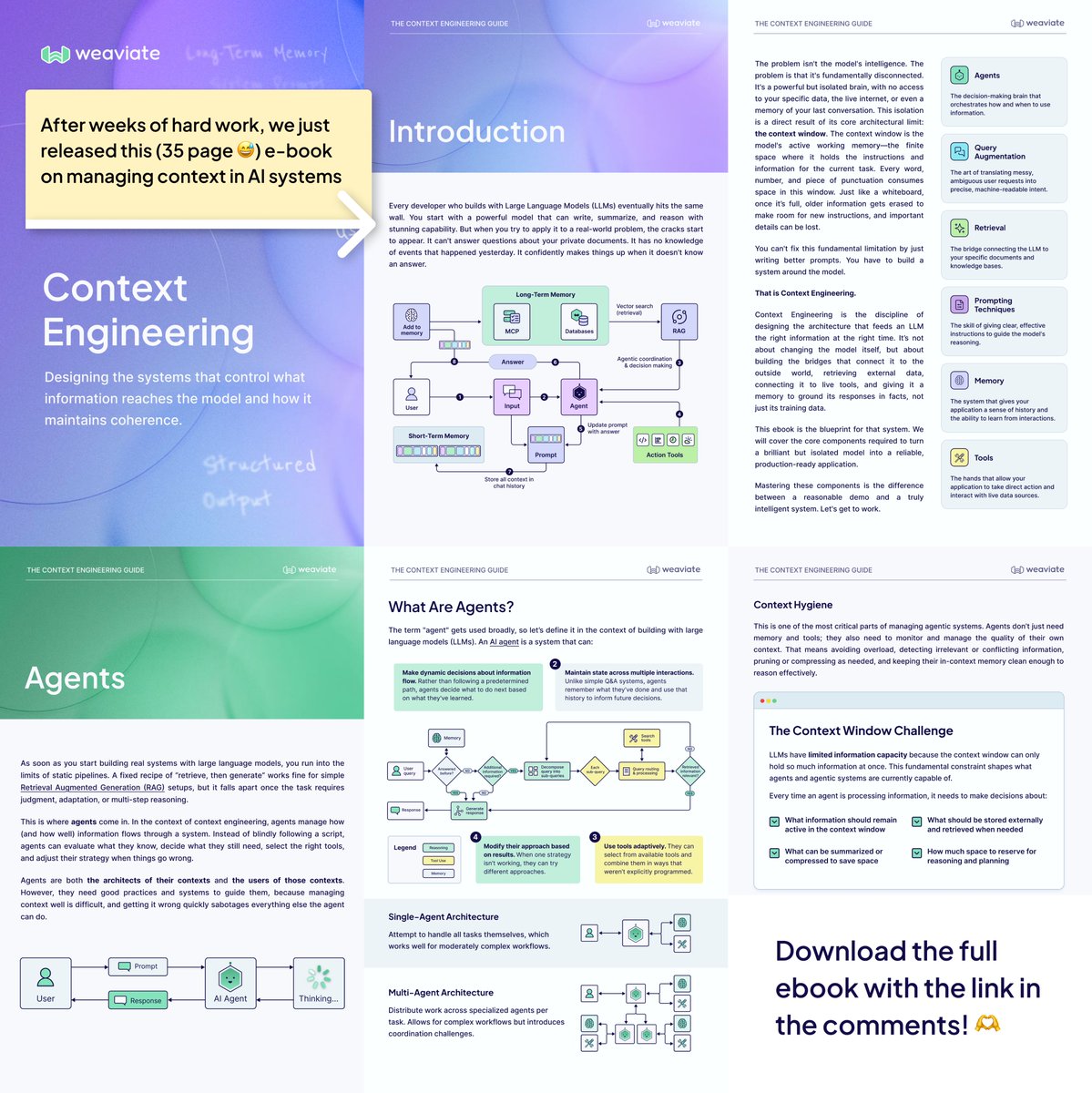 victorialslocum's tweet photo. 𝗖𝗼𝗻𝘁𝗲𝘅𝘁 𝗲𝗻𝗴𝗶𝗻𝗲𝗲𝗿𝗶𝗻𝗴 is not just stuffing data into prompts.

It's about designing 𝘢𝘤𝘵𝘶𝘢𝘭𝘭𝘺 smart systems that feed the right data at the right time in the right format.

And we just wrote an ebook telling you exactly how to do this 👀

The difficulty with 𝗰𝗼𝗻𝘁𝗲𝘅𝘁 𝗲𝗻𝗴𝗶𝗻𝗲𝗲𝗿𝗶𝗻𝗴 is it's not just about writing prompts in certain ways, or building RAG systems, or using this type of SLM as an agent over that LLM - it's about using all of these components together so that your system overcomes the innate limitations of models.

The goal isn't to shove more data into the prompt, but to design systems that make the most of the active context window.
(and no, just increasing the context window size is 𝘯𝘰𝘵 going to solve this)

So the core challenge really becomes 𝗼𝗿𝗰𝗵𝗲𝘀𝘁𝗿𝗮𝘁𝗶𝗼𝗻 - how do we make this system work together seamlessly, while also being robust to both human and LLM error?

This is why context engineering is going to become the number one complexity of building AI apps. You need systems that intelligently decide:
• What information remains in the active context window
• When to summarize or compress to save space
• What to store externally and retrieve when needed
• How to route queries to the right tools
• How agents coordinate across specialized tasks

We just released our complete ebook on Context Engineering, covering all the core components you need to turn a brilliant but isolated model into a production-ready application:
𝗔𝗴𝗲𝗻𝘁𝘀 - The orchestrators that manage information flow and make dynamic decisions
𝗠𝗲𝗺𝗼𝗿𝘆 𝗦𝘆𝘀𝘁𝗲𝗺𝘀 - Short-term and long-term storage architectures
𝗤𝘂𝗲𝗿𝘆 𝗔𝘂𝗴𝗺𝗲𝗻𝘁𝗮𝘁𝗶𝗼𝗻 - Rewriting, expansion, and decomposition techniques
𝗥𝗲𝘁𝗿𝗶𝗲𝘃𝗮𝗹 - Chunking strategies and multi-source synthesis
𝗧𝗼𝗼𝗹𝘀 & 𝗣𝗿𝗼𝗺𝗽𝘁𝗶𝗻𝗴 - The Thought-Action-Observation cycle and effective tool use

The ebook includes practical examples, architectural diagrams, and real implementation strategies. No fluff, just the blueprint for building reliable AI systems that we've used ourselves in building our AI apps and frameworks.

Download it here: https://t.co/kLXjat6Cf2