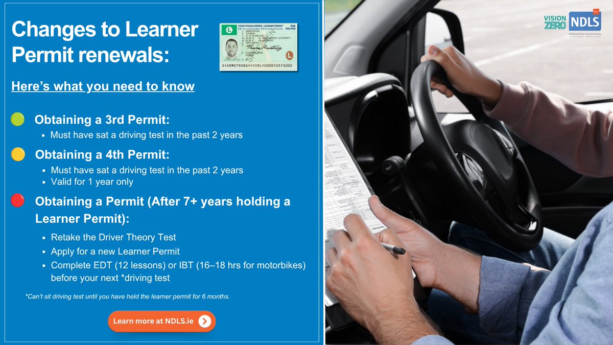 RSAIreland's tweet image. Changes to Learner Permit renewals - Here’s what you need to know:

🟢Obtaining a 3rd Permit:
• Must have sat a driving test in the past 2 years

🟡Obtaining a 4th Permit:
• Must have sat a driving test in the past 2 years
• Valid for 1 year only

1/2