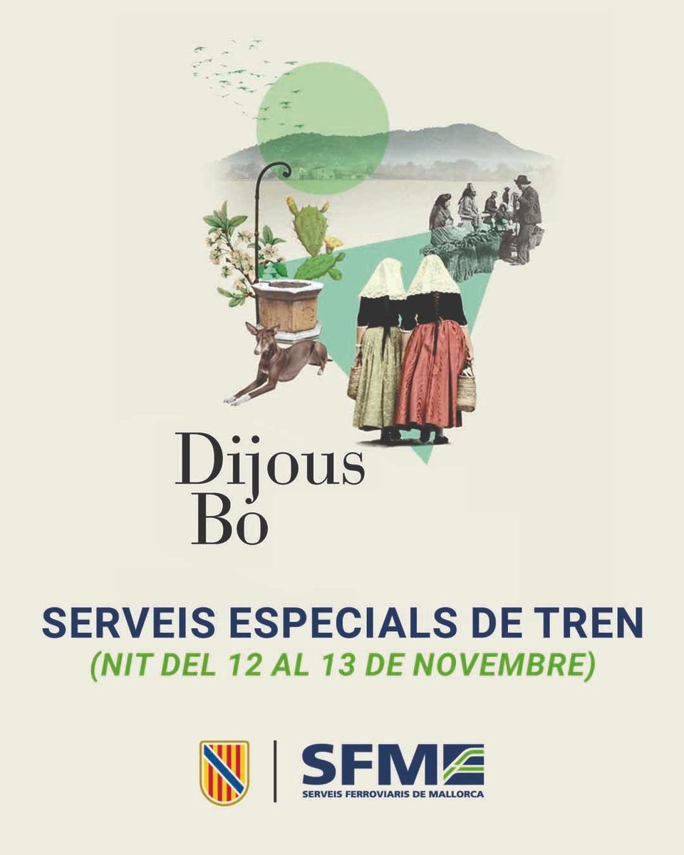 NNGGBalears's tweet photo. 🚆 #DimecresBo i #DijousBo = tren + passar-ho bé sense complicacions!
42 serveis extra: Palma, Manacor i Sa Pobla ↔️ Inca 🚉
Tria tren, deixa el cotxe i gaudeix la fira
🎉
🔗 https://t.co/9BFLQXI4aW
#Festessegures #Inca https://t.co/aH8cSNFHtk