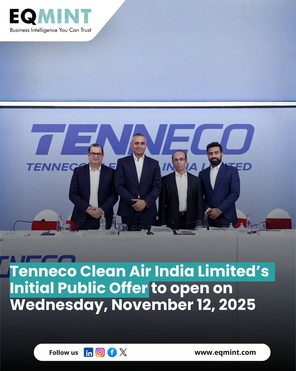Eqmint's tweet photo. 🚀 Tenneco Clean Air India’s IPO opens Nov 12, 2025
A key moment for the clean-air solutions leader 🌱📈
Read more 👉 https://t.co/AW9az3NV1P

#Tenneco #IPOAlert #MarketNews #EQMint #Sustainability #CleanAirTech #InvestingIndia #StockMarket #BusinessUpdate #IPO2025 https://t.co/0ptLAmUnZH