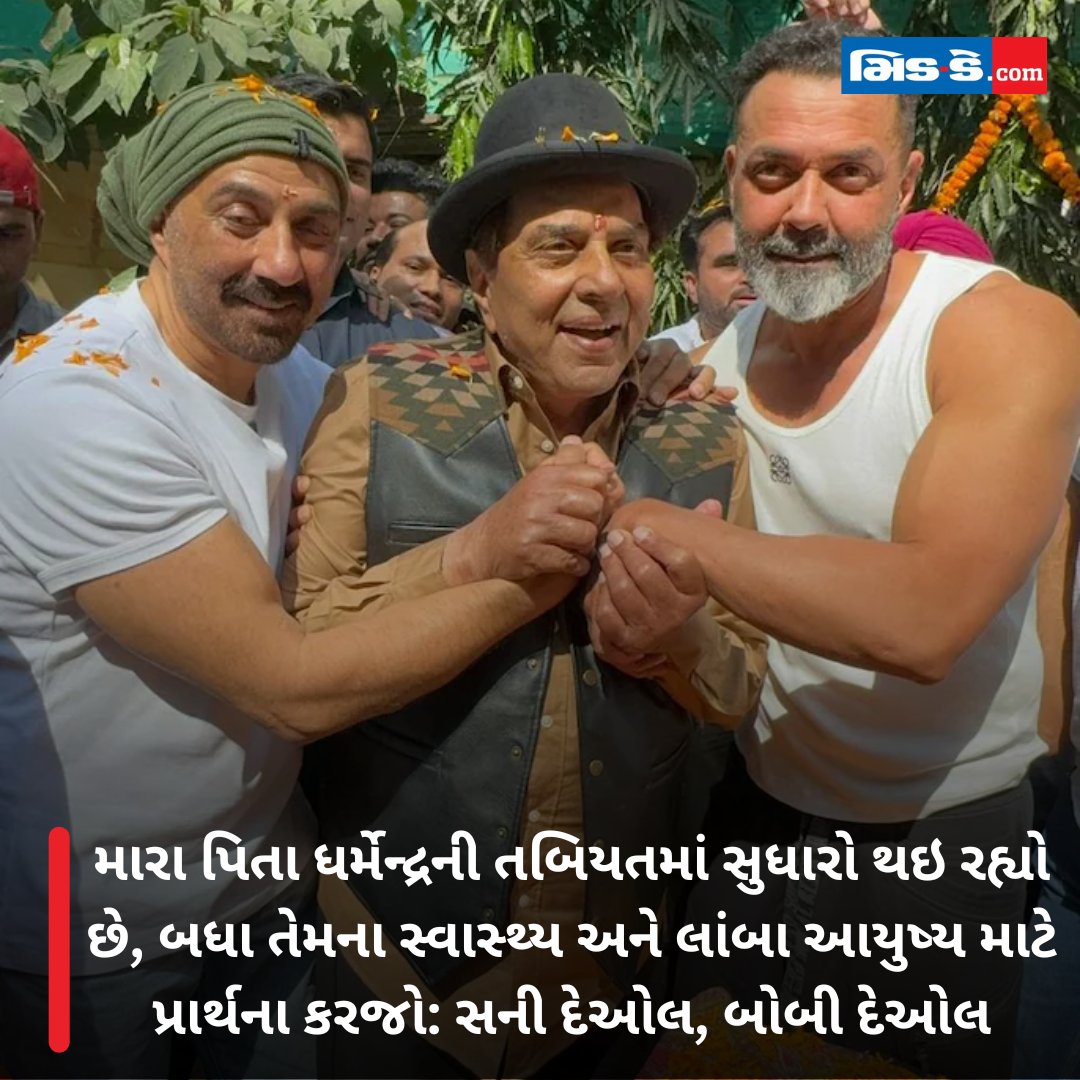 middaygujarati's tweet photo. મારા પિતા ધર્મેન્દ્રની તબિયતમાં સુધારો થઇ રહ્યો છે, બધા તેમના સ્વાસ્થ્ય અને લાંબા આયુષ્ય માટે પ્રાર્થના કરજો: સની દેઓલ, બોબી દેઓલ
#MiddayGujarati #Dharmendra #SunnyDeol #BobbyDeol #CelebrityHealth #PrayersForHealth #BollywoodLegend #WishingWell #GetWellSoon #FilmIndustryFamily https://t.co/vDnmrRhJhR