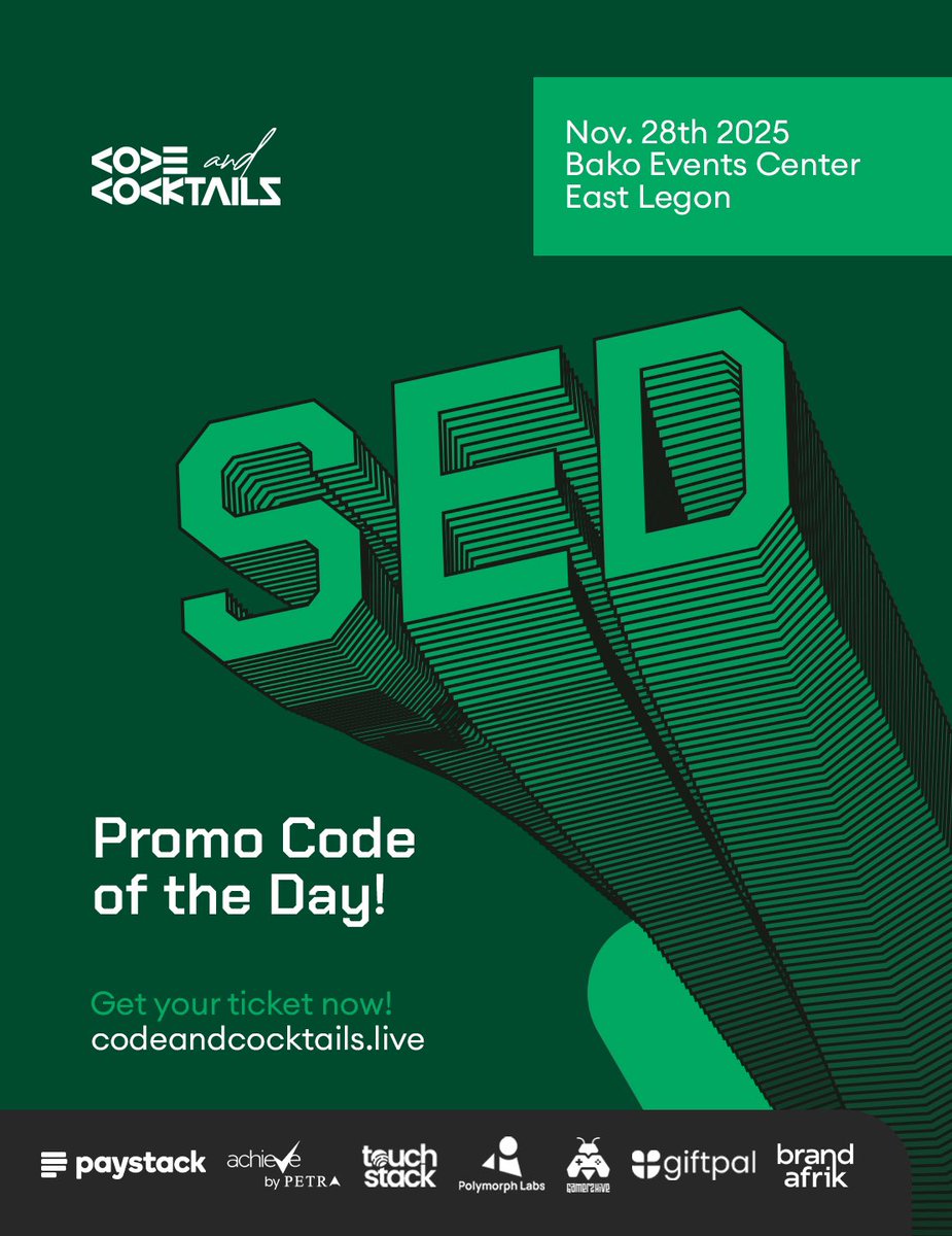 codeNcocktails's tweet image. 🤑Say Discounts! Say Slash!

Today, buy a ticket for #TechParty25 using Promo Code: SED [kind courtesy @Sedem233] and get a discount on your purchase.

🎫No more excuses, get your tickets now!
codeandcocktails.live