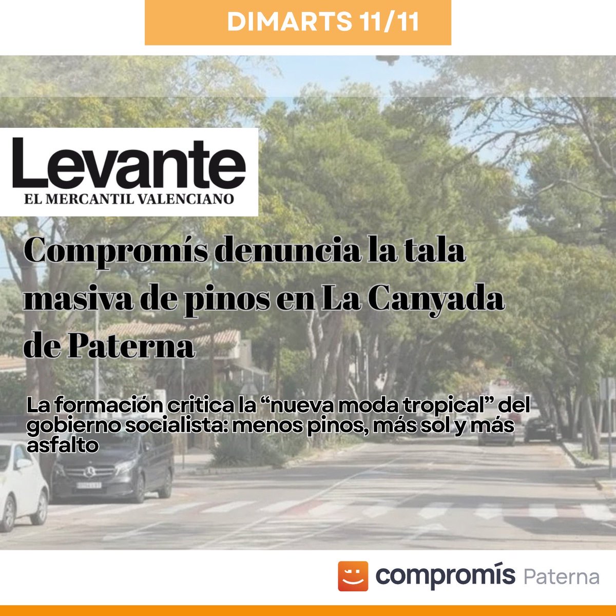 🌳 Tala massiva de pins a Paterna

🟠 No podem permetre que es destruïsca el nostre patrimoni natural sense informació ni justificació clara.

Els arbres no són obstacles: són vida, ombra i aire net 🌿

📰 Llig la noticia 👇🏻
comprom.is/miwz45E