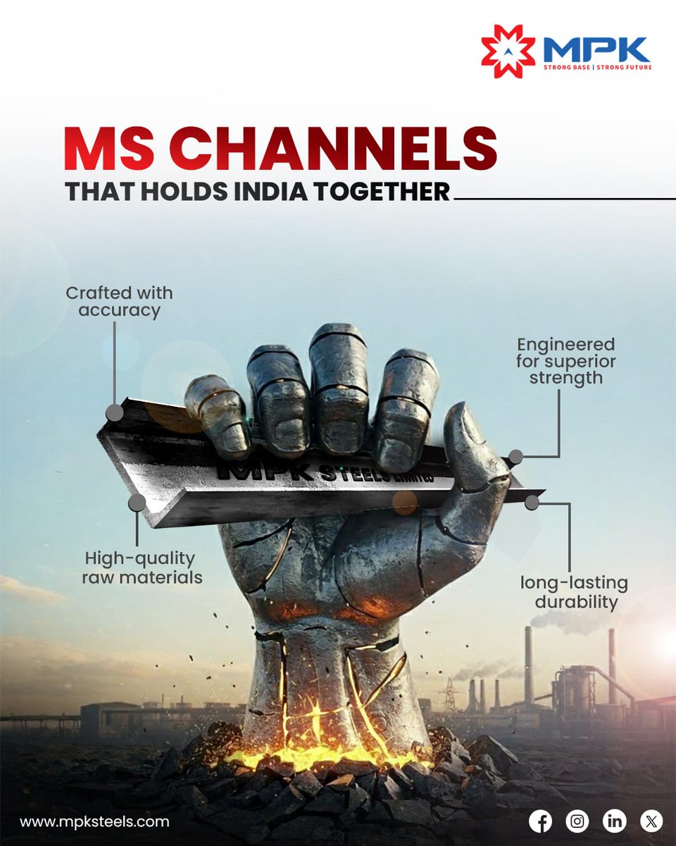 Mpksteels's tweet image. At MPK Steels, our MS Channels are the silent force that holds India together. 

🔹 Precision-crafted
🔹 High-quality materials
🔹 Superior strength
🔹 Long-lasting durability

We build the base that builds the nation.

 #MPKSteels #StrongBase #MSChannel #Steel #StrongSteel