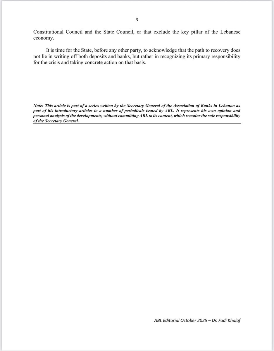 Editorial #Association_of_Banks_in_Lebanon, by Secretary General #Dr_Fadi_Khalaf:
When truth is written out of the law
(October 2025)