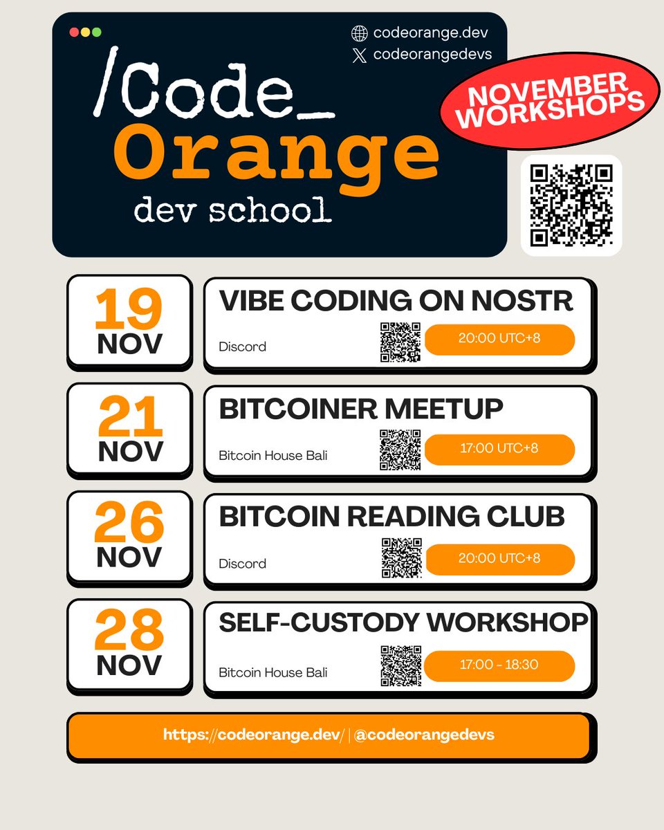 CodeOrangeDevs's tweet image. Scan QR codes to join our November workshops and meetups!