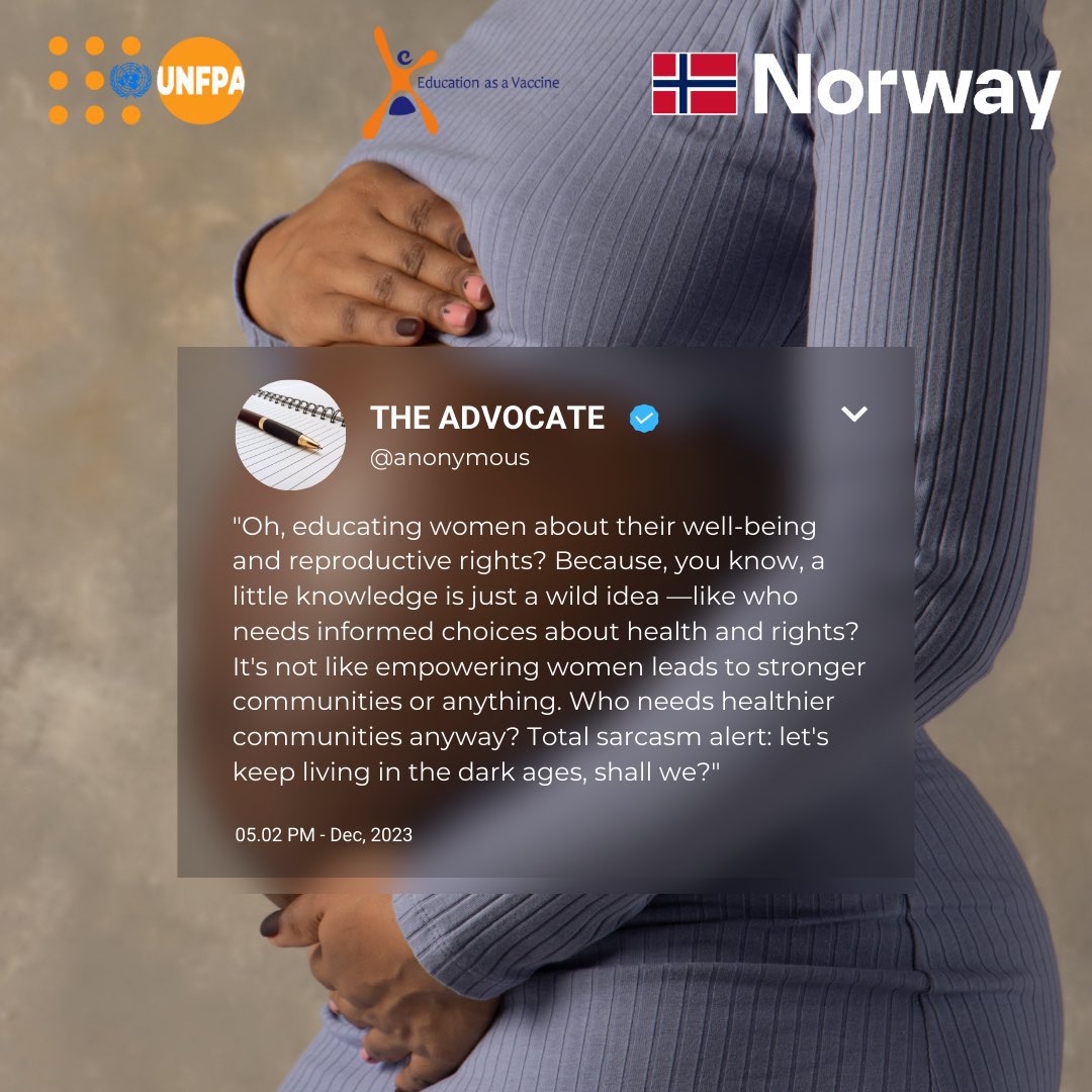 Who says educating women about sexual and reproductive health is wrong?

#SRH4U

<a href="/UNFPANigeria/">UNFPA Nigeria</a> <a href="/NorAmbNigeria/">Svein Baera</a> <a href="/EVA_Nigeria/">Education as a Vaccine Nigeria</a>
