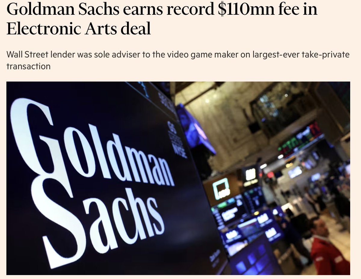 EA Sports just got taken private for $55 BILLION.
Goldman Sachs pocketed $110 MILLION on the deal.
Deal brokers win on either side of the field. ✅