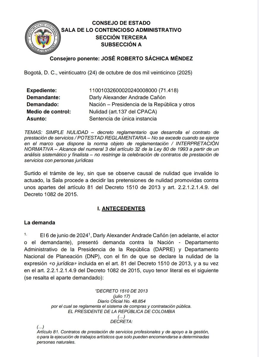 🚨Nulidad Simple: CE estudia si el contrato de prestación de servicios puede ser suscrito con personas jurídicas/Facultad Reglamentaria 
drive.google.com/file/d/1yuP7Pr…