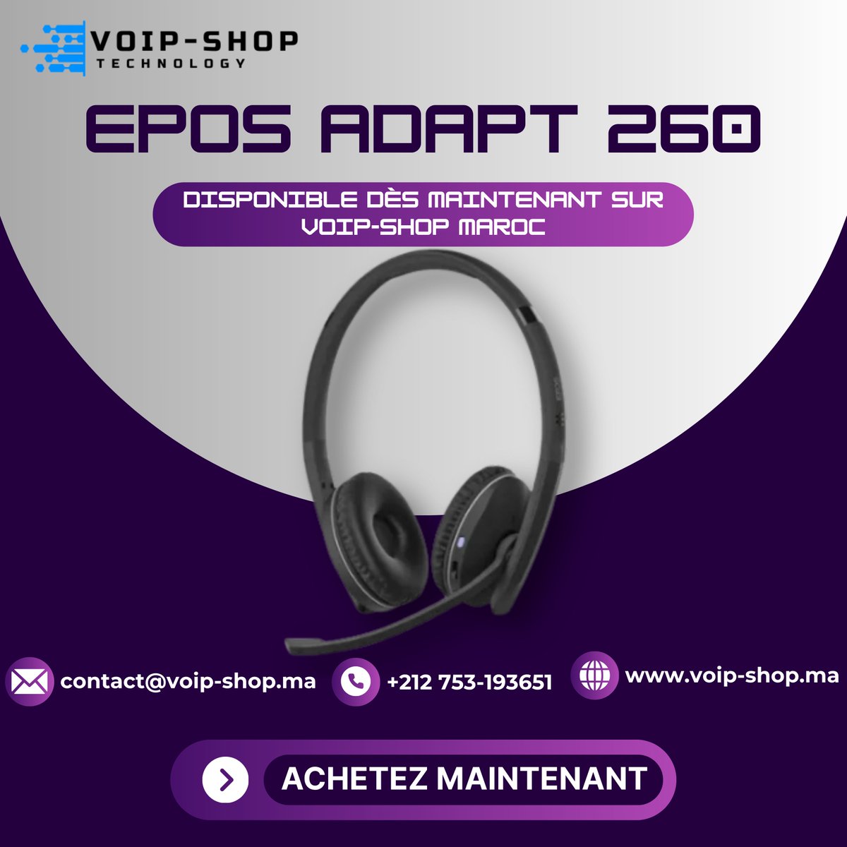 shop_voip's tweet image. 🎧 Le Epos Adapt 260 : le casque pro qui libère votre son !
✅ Bluetooth + USB-A
🎙️ Micro réduction de bruit passive
💻 Compatible Microsoft Teams &amp;amp; UC
💼 Idéal télétravail et open space
Dispo chez Voip-Shop Maroc 🛒
#EposAdapt260 #VoipShopMaroc #TechMaroc #CasquePro #Télétravail