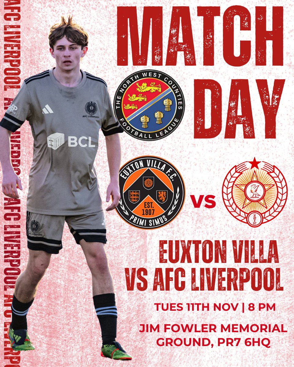 AFCLiverpool's tweet image. MATCHDAY! 
The Reds make their first trip to Euxton Villa with @Mr78Christopher
going on foot! gofund.me/580e43156

🏆| @nwcfl Premier Division 
🆚| @EuxtonVillaFC
📍| Jim Fowler Memorial Ground
🚗| Runshaw Hall Lane, Euxton, PR7 6HQ
📅| Tuesday 11th November  
⏰| KO 8PM…
