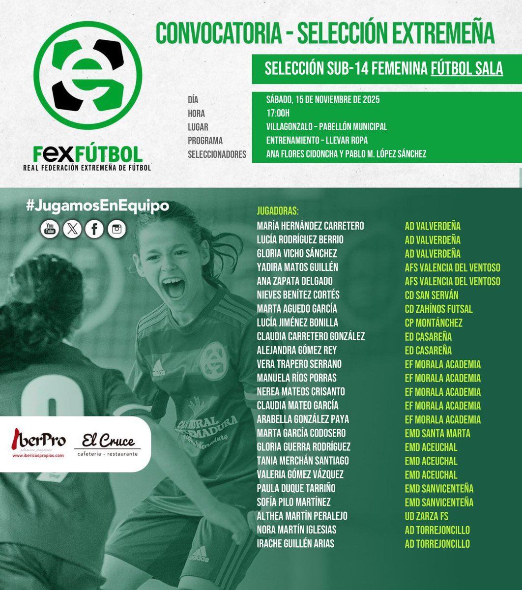 FedExFutbol's tweet image. 💚🤍🖤 | #SelecciónExtremeña |

📌Nuevas convocatorias para las Selecciones EXTREMEÑAS Sub-14 y Sub-16 Femeninas de Fútbol Sala el sábado 15 de noviembre en 📍Villagonzalo.

#SomosFEXFUTBOL
#VamosExtremeña