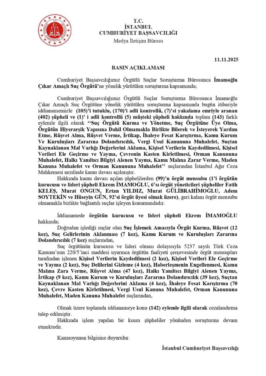 Ekrem İmamoğlu için örgüt kurma, rüşvet, ihaleye fesat, aklama, dolandırıcılık, kişisel verilerin kaydedilmesi gibi 142 farklı eylem sayılıyor.

Toplam 402 şüpheli bulunduğu belirtiliyor.

İmamoğlu için isnat edilen doğrudan suçlar 

-Suç işlemek amacıyla örgüt kurma
-Rüşvet (12