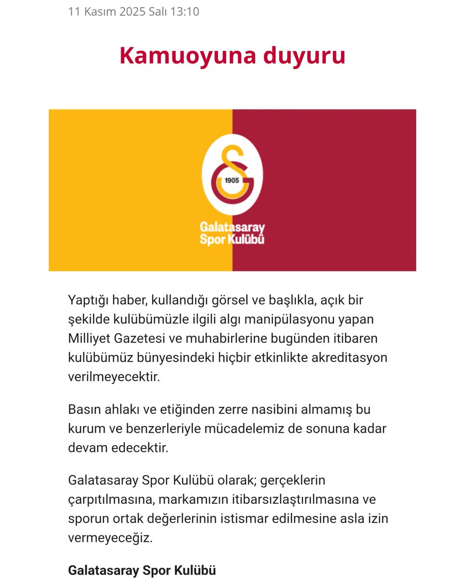 Galatasaray, Milliyet Gazetesi ve muhabirlerine akreditasyon yasağı getirildiğini açıkladı