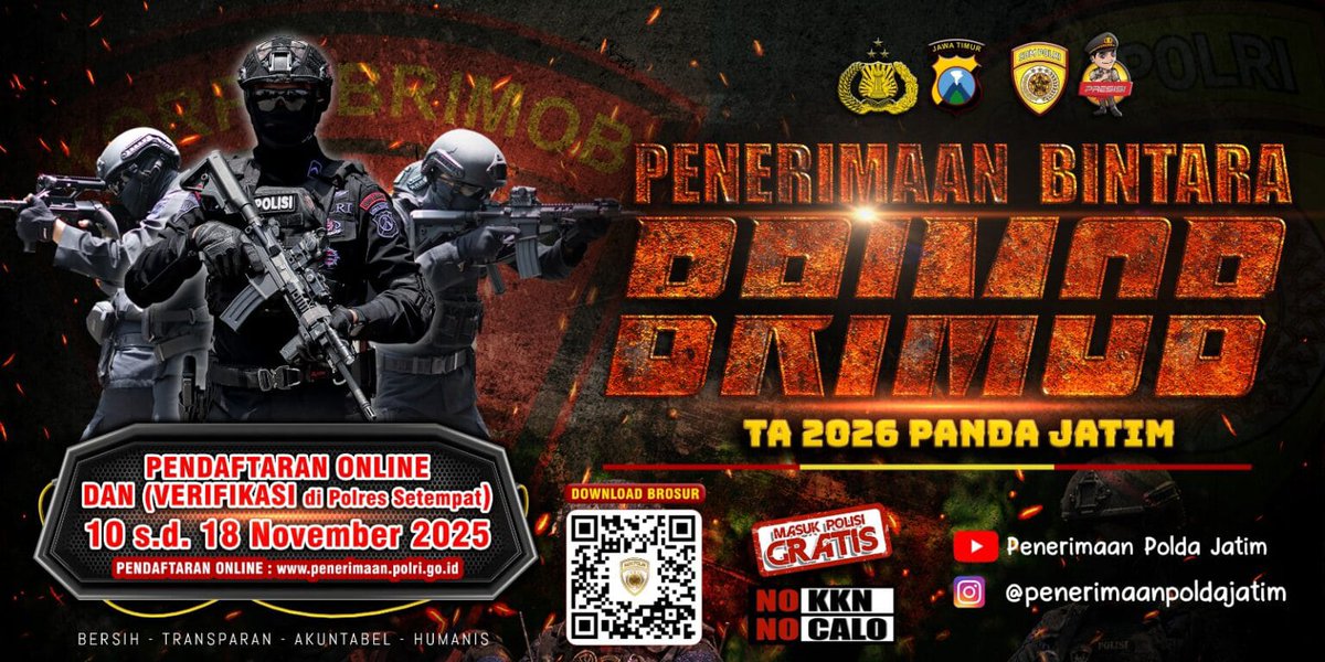 Telah Dibuka Penerimaan Bintara Brimob Polri TA 2026

Kepolisian Negara Republik Indonesia membuka penerimaan Bintara Brimob Polri tahun anggaran 2026. Hal ini tercantum dalam pengumuman nomor Peng/38/XI/DIK.2.1/2025 tertanggal 7 November 2025.