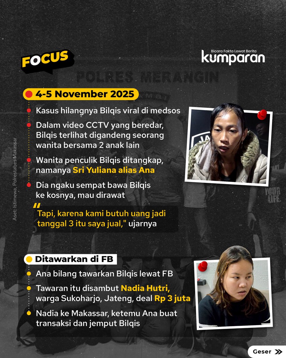 Bilqis, balita berusia 4 tahun yang diculik dan hilang selama sepekan di Makassar, ditemukan selamat di hutan, di permukiman salah satu suku di Jambi. Penyelamatan Bilqis sekaligus mengungkap jaringan penculikan lintas daerah dengan modus yang rapi.

Simak carousel berikut untuk