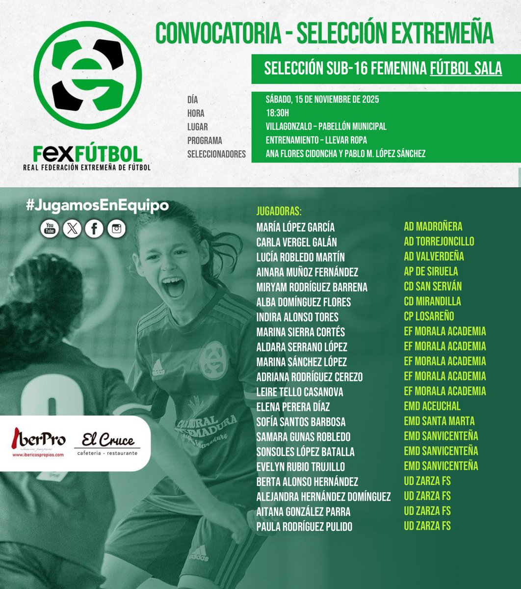 FedExFutbol's tweet image. 💚🤍🖤 | #SelecciónExtremeña |

📌Nuevas convocatorias para las Selecciones EXTREMEÑAS Sub-14 y Sub-16 Femeninas de Fútbol Sala el sábado 15 de noviembre en 📍Villagonzalo.

#SomosFEXFUTBOL
#VamosExtremeña