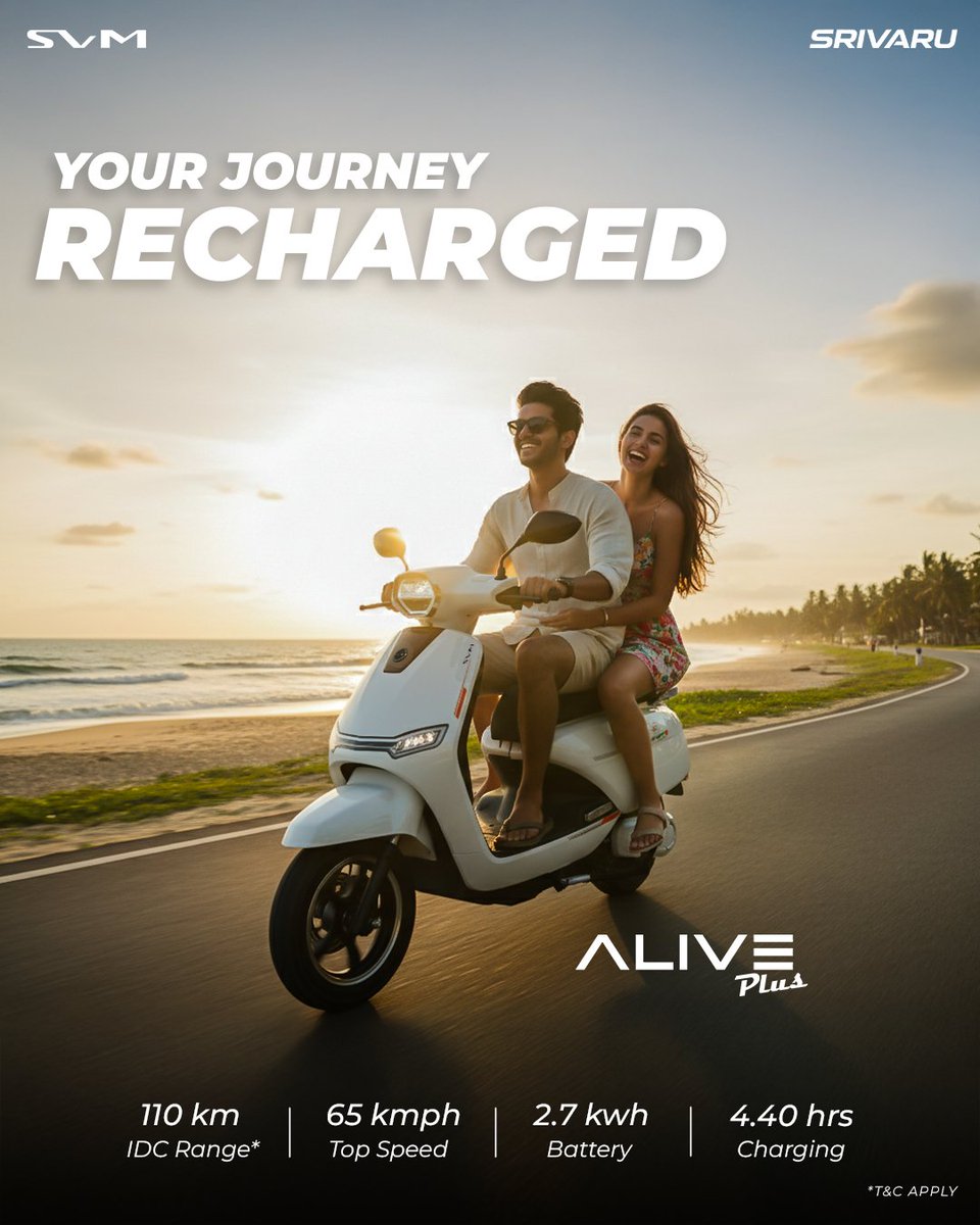 srivarumotors's tweet photo. Meet the scooter that redefines every journey.
110 km range. 65 kmph speed. Pure electric thrill.
Alive Plus — Your journey, recharged.
https://t.co/NOpjkTlQGH
#AlivePlus #SrivaruMotors https://t.co/5MlX6AymOD