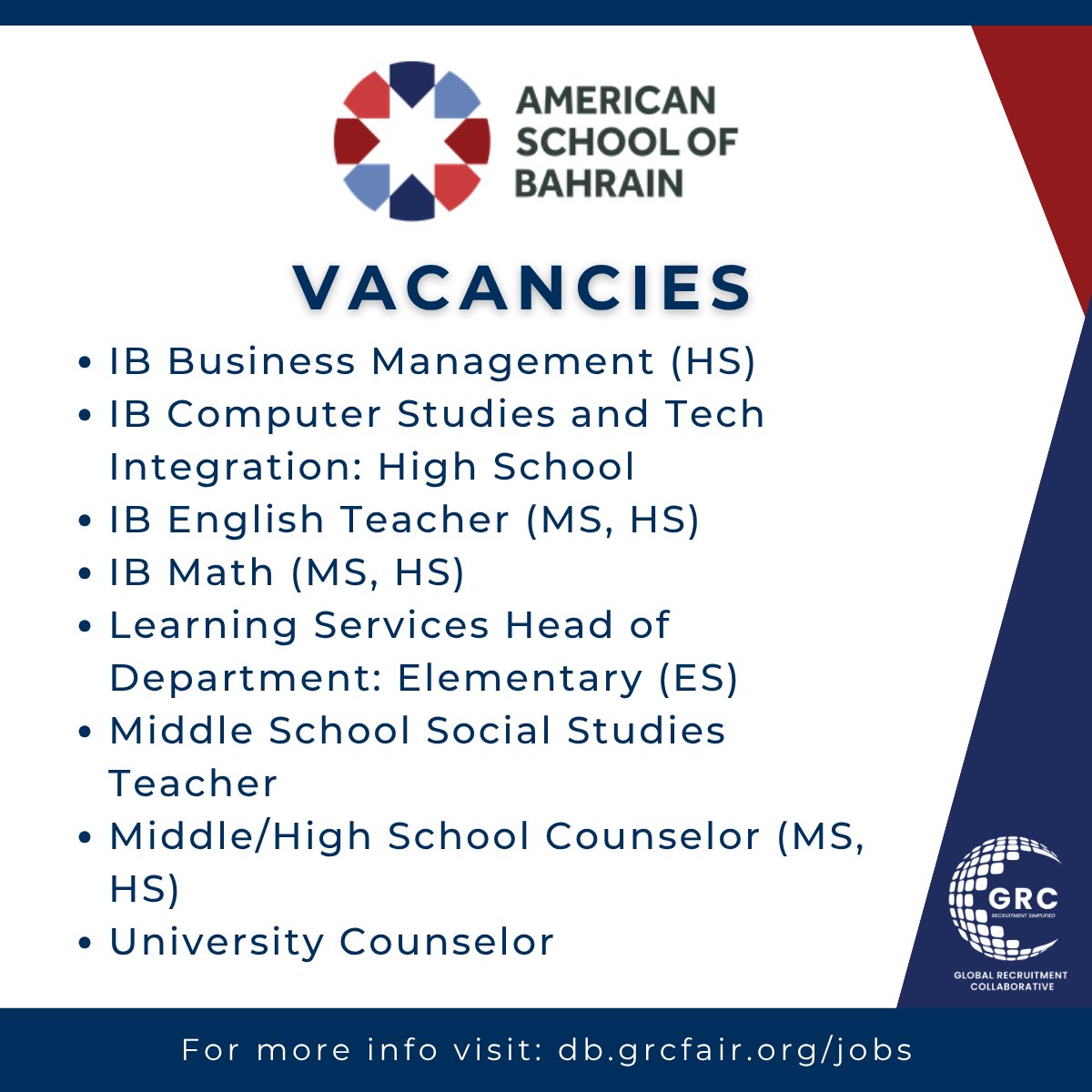 The American School of Bahrain (ASB) is seeking passionate educators across Elementary, Middle &amp; High School to join their innovative, global community. ✨

Apply via GRC 👉 db.grcfair.org/jobs

#GRC #TeachAbroad #IBTeachers #InternationalTeaching #EducationJobs
