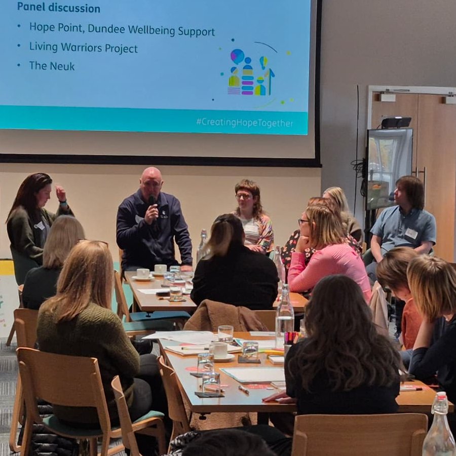 ScotRecoveryNet's tweet image. 🗣️ It's time for our panel discussion with Hope Point - Dundee Wellbeing Support, Living Warriors Project, and The Neuk Perth.

What can we learn from each other about mental health recovery and alternative approaches to risk and safety 💭?

#CreatingHopeTogether #PeerSupportScot
