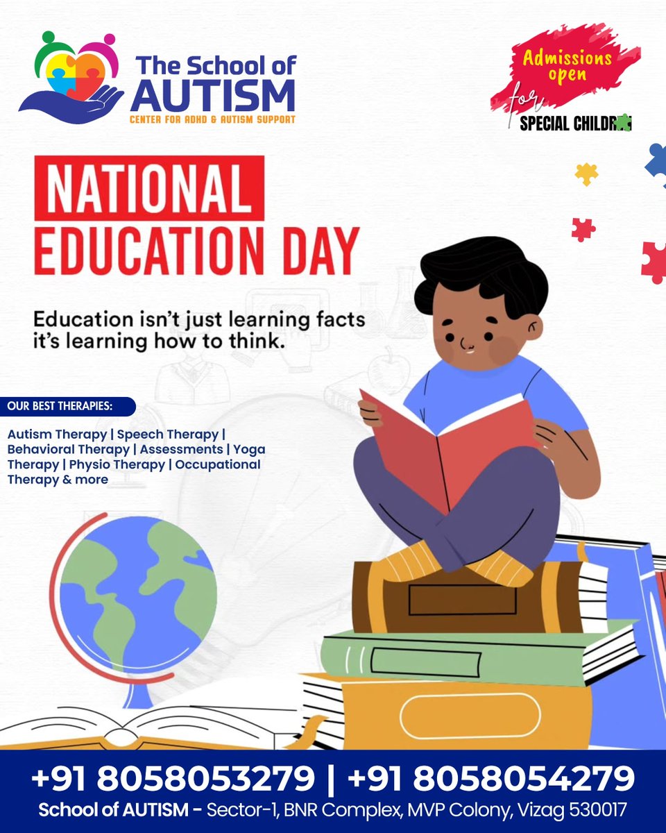 TheSchoolofAut2's tweet photo. 🎓 The School of AUTISM
🌈 Center for ADHD &amp; Autism Support

📚 National Education Day
“Education isn’t just about learning facts — it’s about learning how to think, feel, and grow.” 💡

📞 Call us: +91 8058053279 | +91 8058054279
🌐 https://t.co/HUN2WdL1Pe

#AutismSupportVizag https://t.co/VeYOgJCa0x