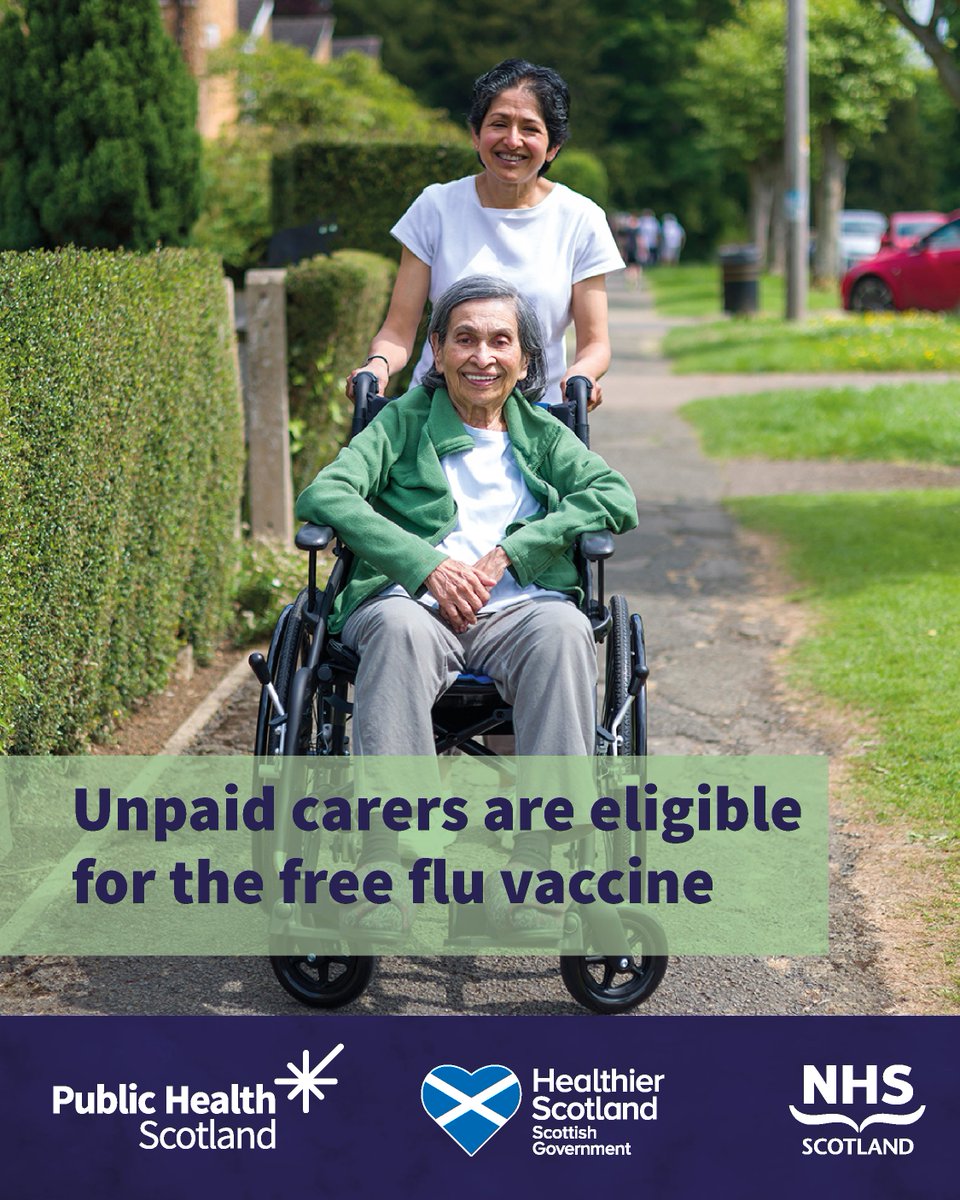 Are you an unpaid carer? If you provide care for a relative, friend or neighbour, you’re eligible for the flu vaccine this winter.

Book your appointment now at nhsinform.scot/flu.

#FluHitsHarder