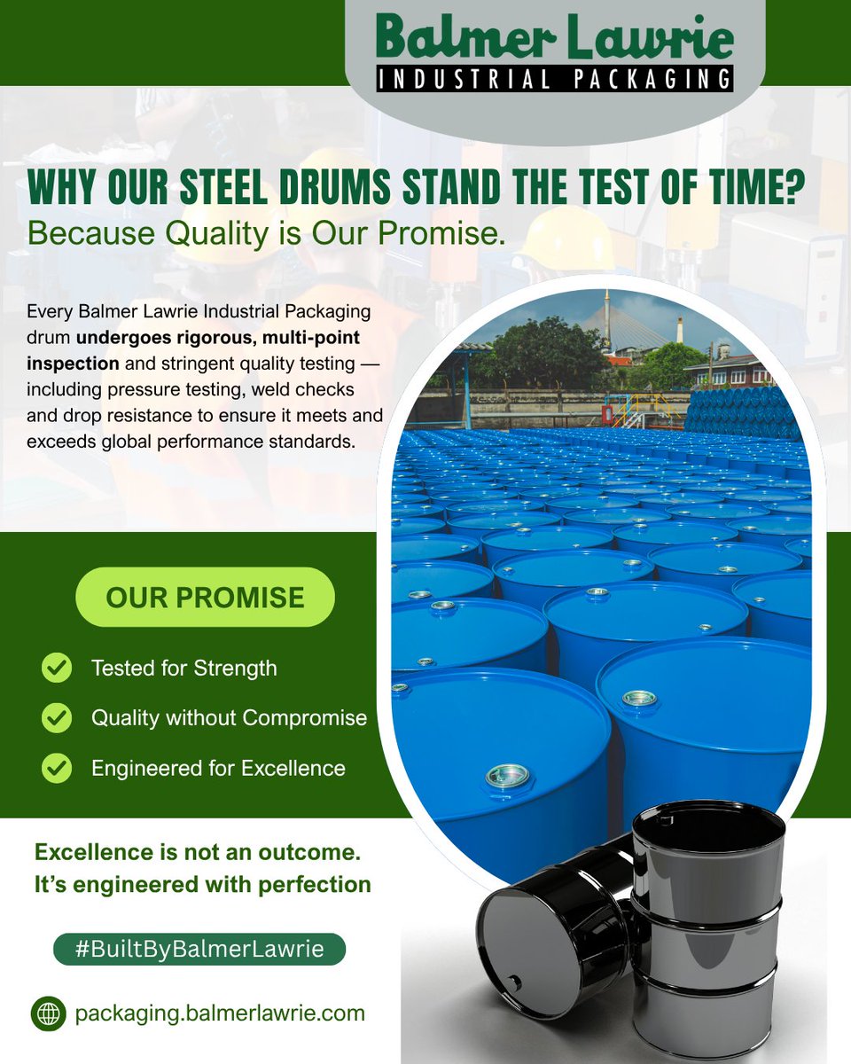 Balmer_Lawrie's tweet photo. Every Balmer Lawrie steel drum is built to perform, tested to endure and trusted to last because quality isn’t claimed, it’s proven through rigorous testing.
#BuiltByBalmerLawrie #IndustrialPackaging #QualityAssured #EngineeredForExcellence #BalmerLawrie #SteelDrums https://t.co/v27mxncpxi