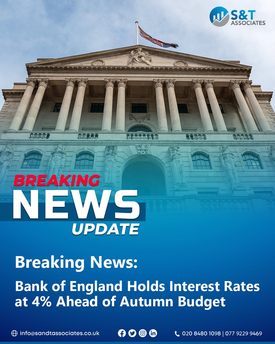 SandtAssociates's tweet photo. BoE holds base rate at 4% ahead of the Budget
With inflation still above target and tax/spending changes looming, the Bank has opted for caution. Businesses should plan accordingly.
#InterestRates #BankOfEngland #BusinessPlanning #UKEconomy #FinanceLeadership https://t.co/ZgXcMDQxsV
