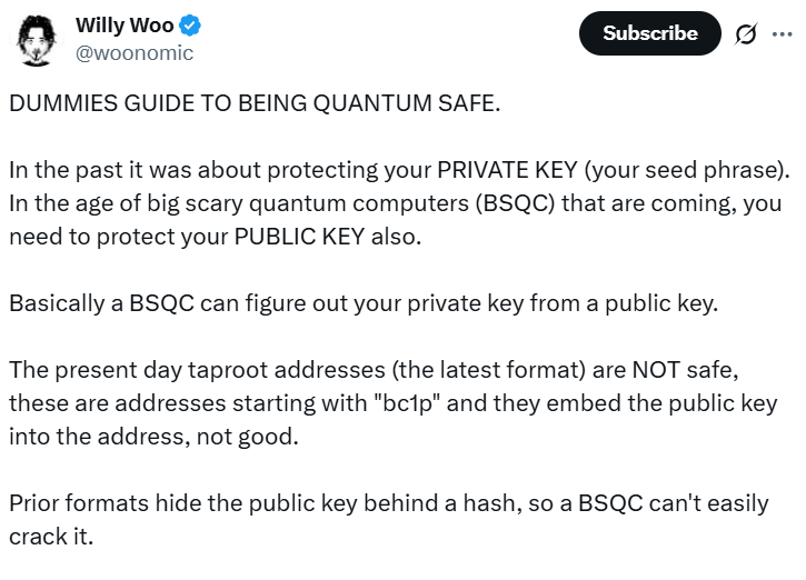 CryptoNewsHntrs's tweet photo. 🚨 LATEST:
WILLY WOO SHARES QUANTUM SAFETY GUIDE
RECOMMENDING $BTC HOLDERS MOVE TO SEGWIT WALLETS UNTIL QUANTUM-RESISTANT PROTOCOLS ARRIVE🔒🚀 

#Bitcoin #QuantumSafety #SegWit #CryptoSecurity #CryptoNews #CryptoMarket https://t.co/4MjAJ9yKms