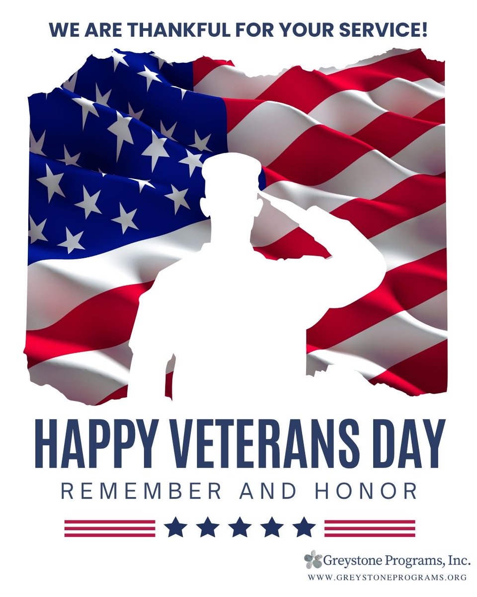 GreystonePrgrms's tweet image. Today we honor and thank all who have served our country. At Greystone Programs, we’re grateful for the veterans in our community, those we serve, our families, our staff, and our supporters. Your courage and commitment inspire us every day.

#veteransday2025 #GreystonePrograms
