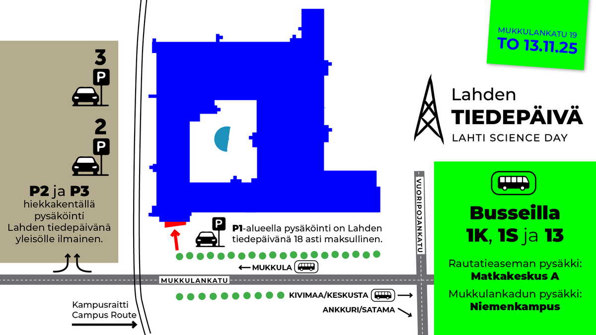 Bussit/Buses 1K, 1S &amp; 13 (pysäkki/busstop: Niemen kampus) lsl.fi
Ohjelma/Program: lahdentiedepaiva.fi 

#LahdenTiedepäivä #lahtionkorkeakoulukaupunki #tiedekuuluukaikille #LahtiScienceDay