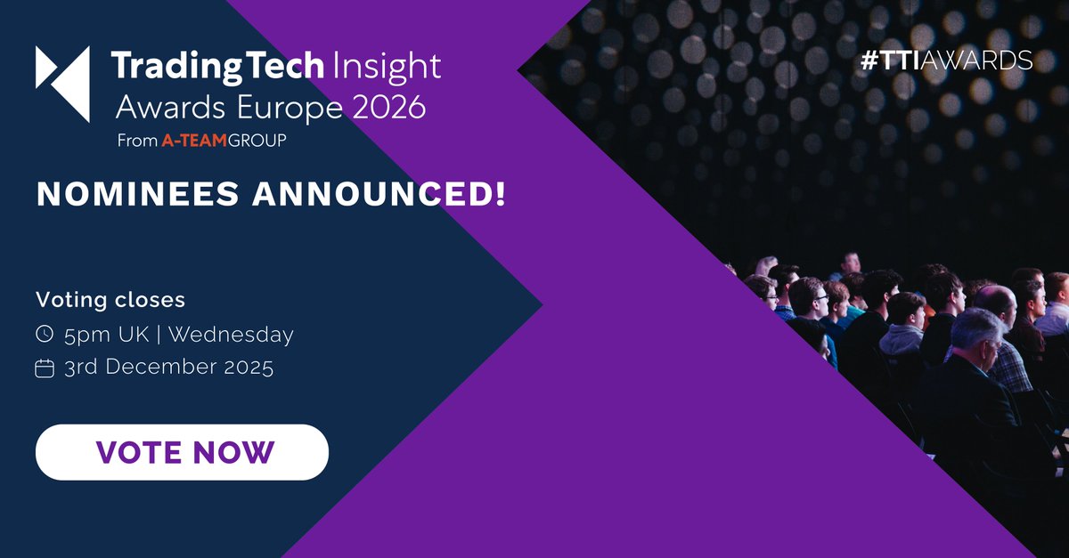 TradingTechIns's tweet image. We are excited to announce that voting is now open in the 8th annual TradingTech Insight Awards Europe. 
Voting will close at 5pm (UK) on Wednesday 3rd December 2025.

Vote here: eu1.hubs.ly/H0pvSys0

#TTIawards #tradingtech #marketdata #electronictrading #cryptocurrency