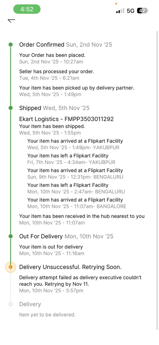 AshwaniP30's tweet photo. Today they are telling to wait again for 24 hours, since it’s not out for delivery but the app says that it will retry by nov 11. Means you need to understand the nuance b/w retry and out for delivery and damn you if you are busy when the delivery agent  calls… https://t.co/T5Rd9CbWi9