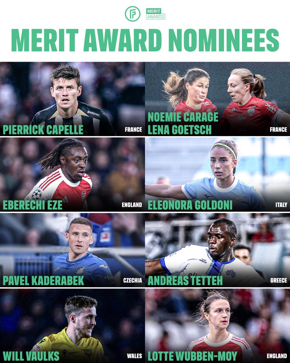 These are the 2025 FIFPRO #MeritAwards nominees making a positive impact on the lives of others:

🇫🇷 <a href="/PierrickCapelle/">Pierrick15</a>
🇫🇷 Noemie Carage and Lena Goetsch
🏴󠁧󠁢󠁥󠁮󠁧󠁿 <a href="/EbereEze10/">Ebere</a>
🇮🇹 @EleGoldoni
🇨🇿 Pavel Kaderabek
🇬🇷 Andreas Tetteh
🏴󠁧󠁢󠁷󠁬󠁳󠁿 Will Vaulks
🏴󠁧󠁢󠁥󠁮󠁧󠁿 @LotteWubbenMoy

📆 The winners will be
