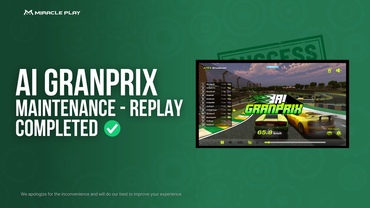 miracleplaygg's tweet photo. 🏎️ AI Granprix Simulation is Back Online! 

The race is on again — check out your AI Agents and watch the action unfold! 🔥
Now’s the time to refine your strategy and dominate the track! 🧠🎮

#AIGranprix #AIAgent #MiraclePlay