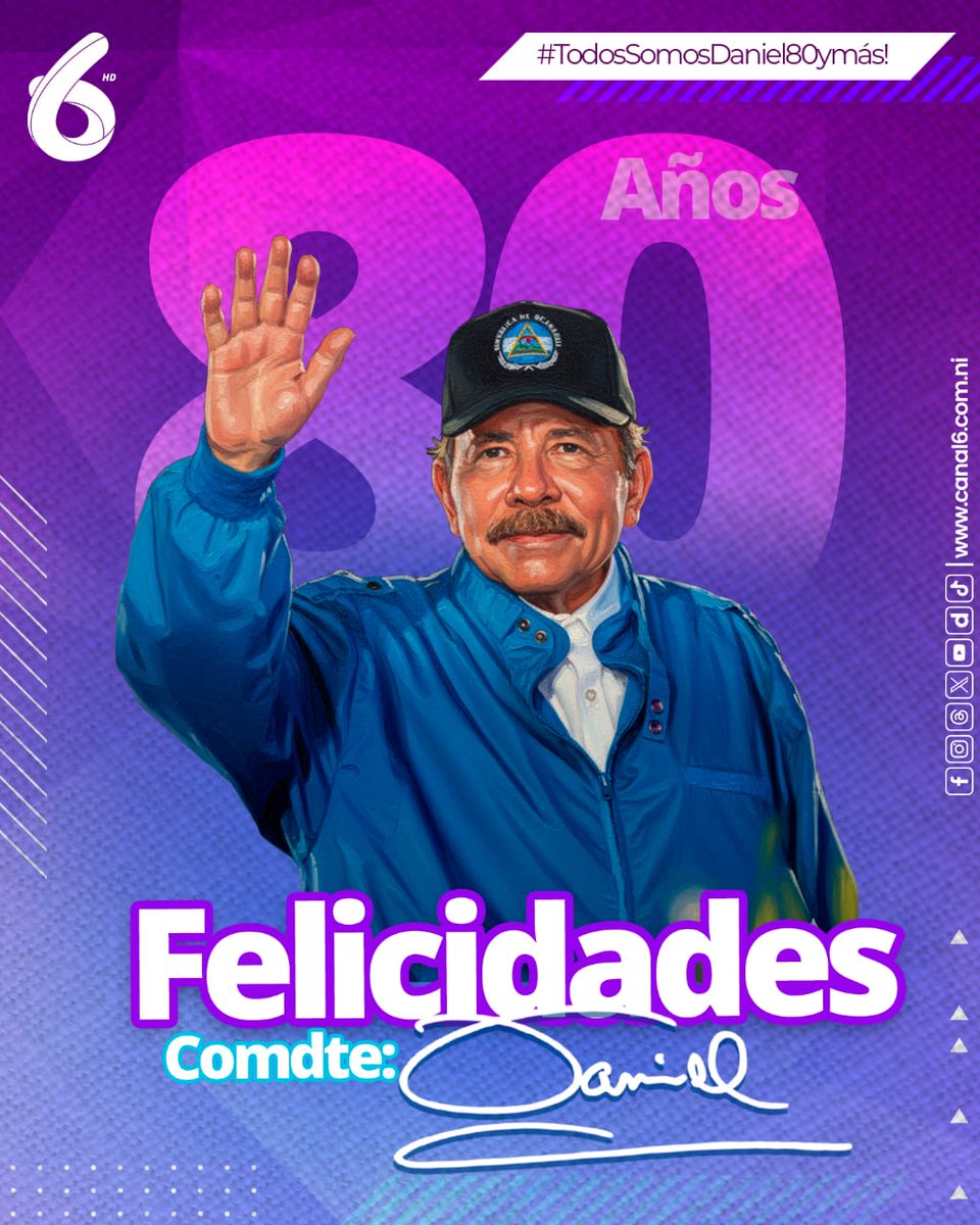 #TodosSomosDaniel80ymás ✌️✨️
🥳🎈 ¡Feliz cumpleaños, Comandante Daniel Ortega Saavedra! 🎁🎂

✊️ Hoy celebramos tu vida, tu ejemplo de lucha inclaudicable, tu compromiso con esta Patria Bendita y con el bienestar de todas las Familias Nicaragüenses. 🇳🇮