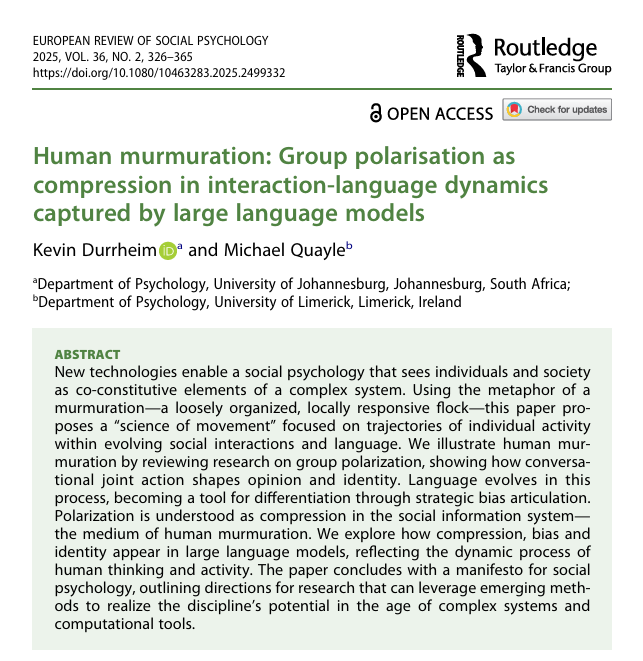 SanjeePerera1's tweet photo. Another interesting paper by @DurrheimKevin & @Quayle on #HumanMurmuration in #GroupPolarisation as a compression in #InteractionLanguageDynamics , exploring a #ScienceOfMovement in trajectories of individual activity on evolving social interactions.
#LLM
https://t.co/6QddbRqCtN https://t.co/ka3AZTSG79