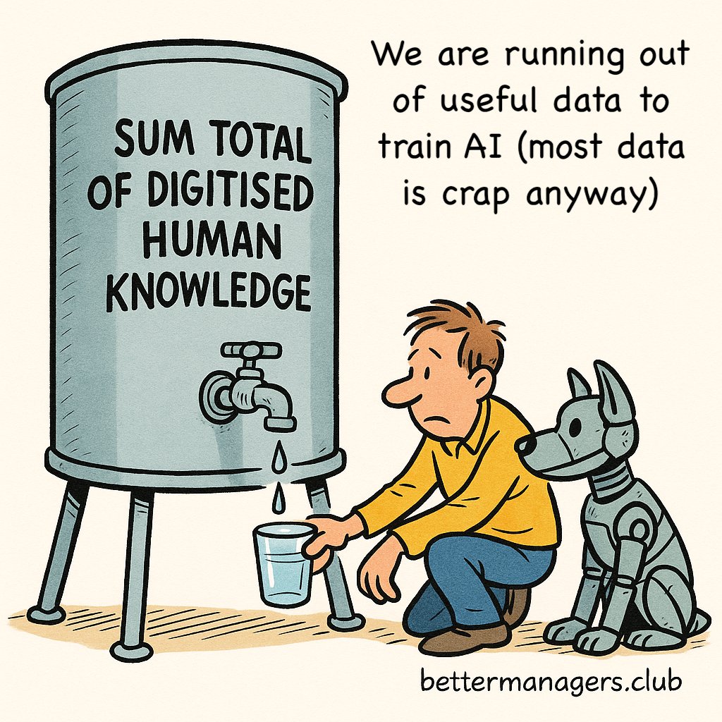 sudichan's tweet photo. We’re running out of useful data to train AI. The sum total of digitised human knowledge is finite — and much of it is junk. Everyone’s still talking about bigger models &amp; more compute, but the real limit isn’t hardware anymore… it’s data worth learning from. https://t.co/0YGxEs1M3F