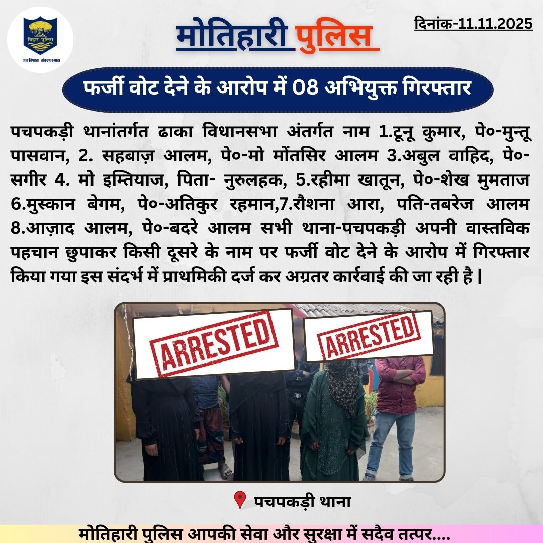 motihari_police's tweet photo. फर्जी वोट देने के आरोप में 08 अभियुक्त गिरफ्तार |
.
.
@bihar_police @BiharHomeDept @Dm_Motihari
#haitaiyarhum #Bihar #champran #motihari https://t.co/pPQCgXNyB3