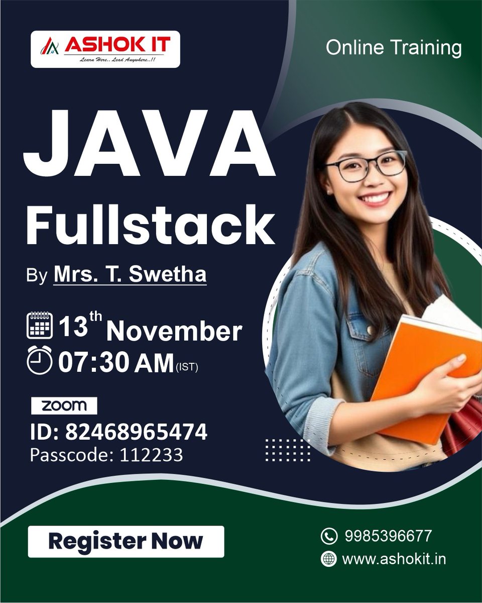 ashokitschool's tweet image. 🚀 Become a Full Stack Developer with Java!
📲 Register Now: tr.ee/0XVz5N
Ashok IT presents an Online Java Full Stack Training by Mrs. T. Swetha.
📅 Date: 13th November
⏰ Time: 07:30 AM (IST)
#JavaFullStack #AshokIT #JavaDeveloper #SpringBoot #Microservices #FrontendD