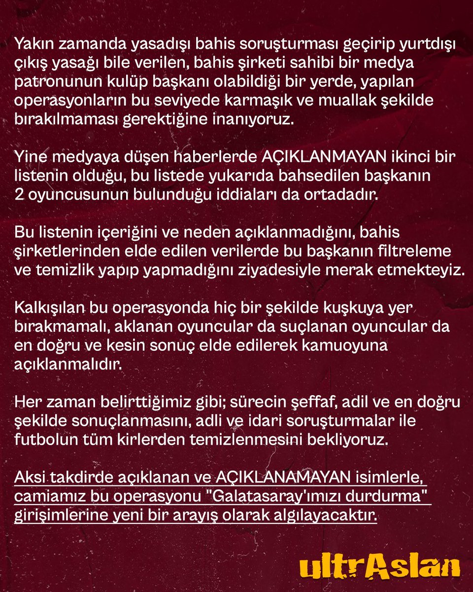 KAMUOYUNA!

Son dönemde futbol gündemini sarsan, TFF tarafından da dün akşam oyuncular bazında liste paylaşılan bahis soruşturmasını yakından takip ediyoruz.

Yayınlanan listede adı geçen 2 oyuncumuz için hem oyuncularımız hem de kulübümüz gereken açıklamayı yaptı.

Burada