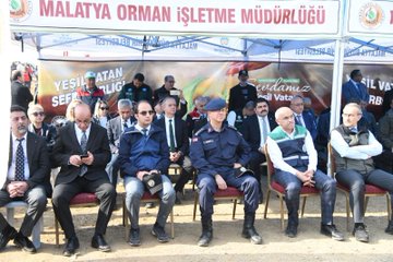 First image shows a large group of adults and children in orange vests and school uniforms gathered around a young pine tree sapling being planted with shovels in a dry hilly landscape with a fire truck in background. Second image depicts a man in vest speaking at a wooden podium with a banner reading Sevdamız Yeşil Vatan and logos including Malatya İl Milli Eğitim Müdürlüğü against mountainous backdrop. Third image captures several girls in green school uniforms and adults including men in suits and vests watering a planted pine sapling using a green watering can in an outdoor setting. Fourth image features multiple men in formal attire and uniforms seated on chairs under a tent with signage for Malatya Orman İşletme Müdürlüğü and Yeşil Vatan banner.